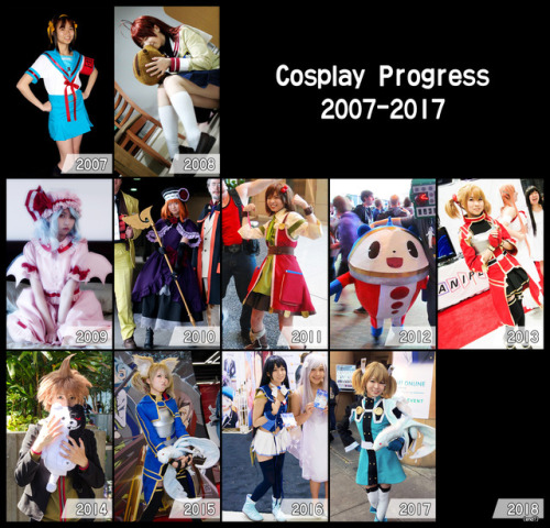 A costume from each year I&rsquo;ve been cosplaying, 2007-2017. I probably averaged 2-3 costumes a y