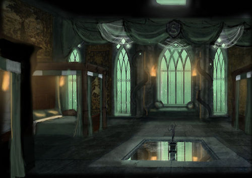 charlottemclaggen:  A beautifully done interpretation of the Slytherin dorms.  The pool of water/cei