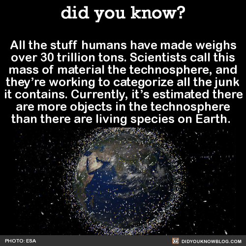 ri-science: did-you-kno: All the stuff humans have made weighs over 30 trillion tons. Scientists call this mass of material the technosphere, and they’re working to categorize all the junk it contains. Currently, it’s estimated there are more objects