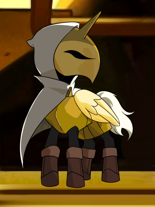 Close up shot of Hunter as a Pegasus, wearing his uniform. His horned mask covers his face, both the mask and his armor are golden. His white cape falls off to the side. His wings are yellow a shade lighter than his armor. His mid length tail is visible and white. He is wearing brown boots.