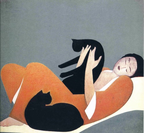 Will Barnet (American, 1911-2012, b. Beverly, MA, USA) - Woman and Cats, 1969, Color Lithograph 