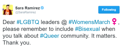 bisexual-community:Dear #LGBTQ leaders @ #WomensMarch, Please remember to include #Bisexual+ when 