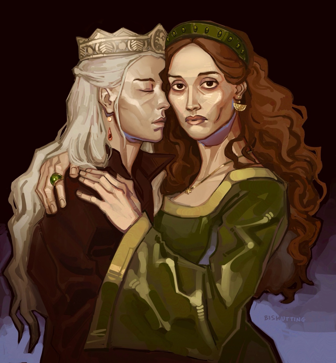 Fanart depicting Rhaenyra and Alicent from House of the Dragon, with Alicent looking directly at the viewer while Rhaenyra embraces her with her eyes closed.