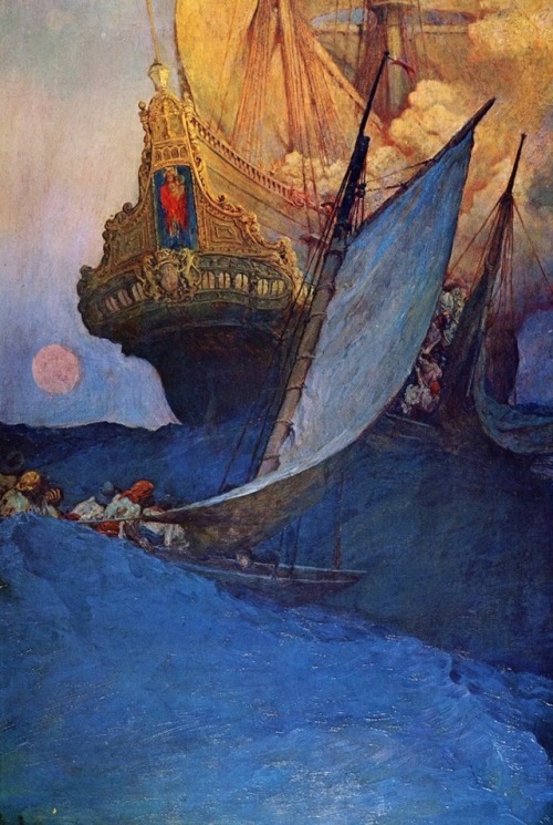 AN ATTACK ON A GALLEON. From “The Fate of a Treasure Town”, by Howard Pyle, published in Harper’s Mo