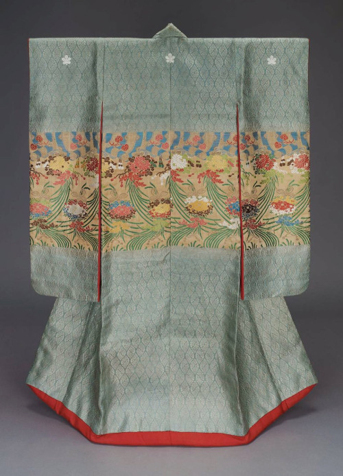 Long-sleeved outer robe (uchikake), 1800-1867, Japan,  with design of floral medicine ball orna
