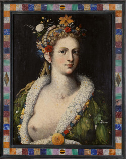 trulyvincent: Giuseppe Arcimboldo (Milán, 1526-1593)Flora meretrix, c. 1590Oil on panel, 74,5 x 57,5 cm (90.5 x 73.5 cm framed)Cassetta frame in  pietre dure designed by Federico Zeri, c. 1970Private Collection. Courtesy of Banca March