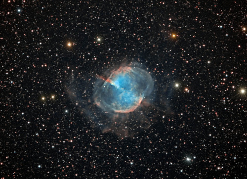 spacettf:M27 Dumbbell nebula re-process by Mick Hyde on Flickr.Via Flickr:Ha 7nm to Red and OIII to 