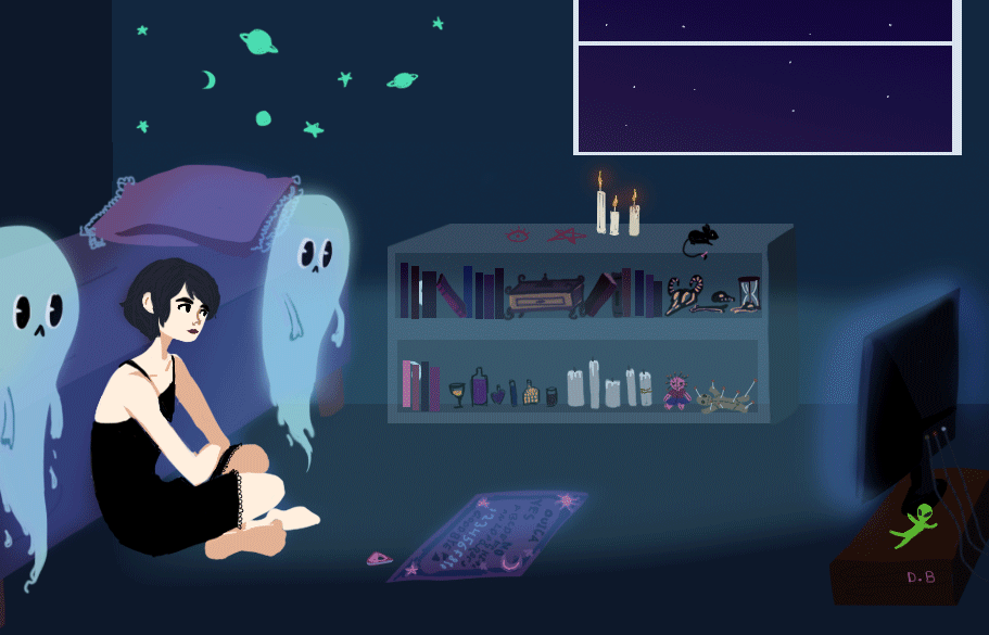 debbie-sketch:  Witch pros: Invoking ghosts to watch a movie with you. More Witch