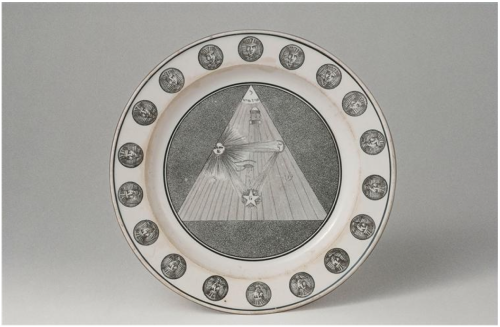 Three plates with Masonic decor, 19th C. via: Cité de la céramique, Sèvres