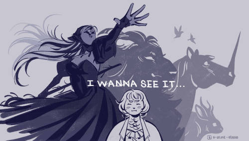 a silhouette of marcille as the dungeon lord, hair and skirt whipping about her in an unseen wind, stretches a hand out to command her shadowed army of monsters, featuring the winged lion, a unicorn, a jackalope and several birds. a significantly cartoonier depiction of falin stands before this fantasy, pouting as she thinks: "i wanna see it..."