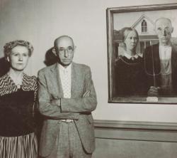 historicaltimes: The models of “American Gothic” stand next to the painting -  …painting by Grant Wood, 1930 - via reddit 