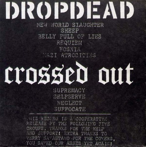 tekeli-li-tekeli-li:  Crossed Out / Dropdead split 5” (1993) cover art + inserts