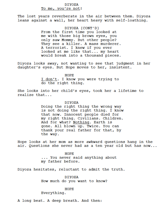 Hope you all enjoyed “The Queen’s Gambit”, the directorial debut of our very own Lindsey Morgan and written by the incomparable Miranda Kwok. Our first script to screen is Scene 16 when Hope and Diyoza open up and end up fighting in their cell.