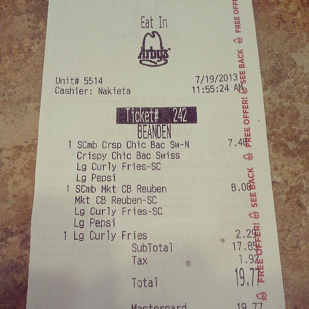 My order at Arby&rsquo;s. Apparently &ldquo;Beanden&rdquo; is the name