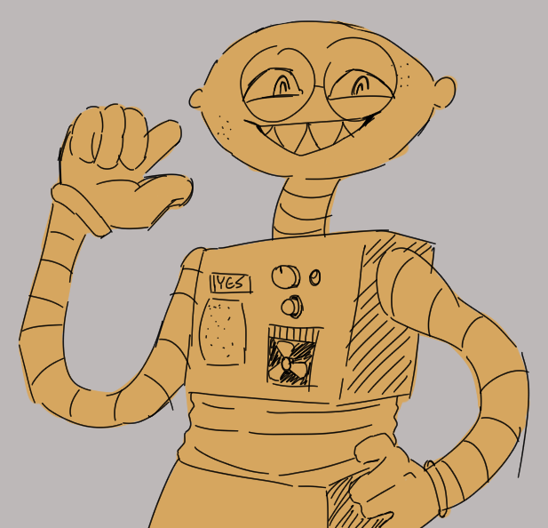 a sketchy drawing of a robot character with a lemon for a head. he's looking at the viewer and pointing at himself with his right hand with a cocky smile on his face and one hand on his hip, colored entirely in a single desaturated shade of yellow. the background is a warm gray.