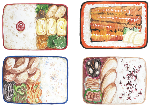 [Bento Stamps] Painted 10 Different Bento For A Stamp Sheet Design For School. 