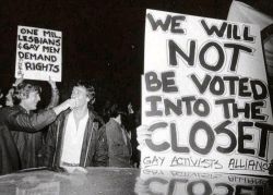 lgbt-history-archive:  “ONE MIL. LESBIANS &amp; GAY MEN DEMAND THEIR RIGHTS” – “WE WILL NOT BE VOTED INTO THE CLOSET – GAY ACTIVISTS ALLIANCE,” Gay Activists Alliance members rally, Sheridan Square, New York City, May 10, 1978. Photo © Bettye