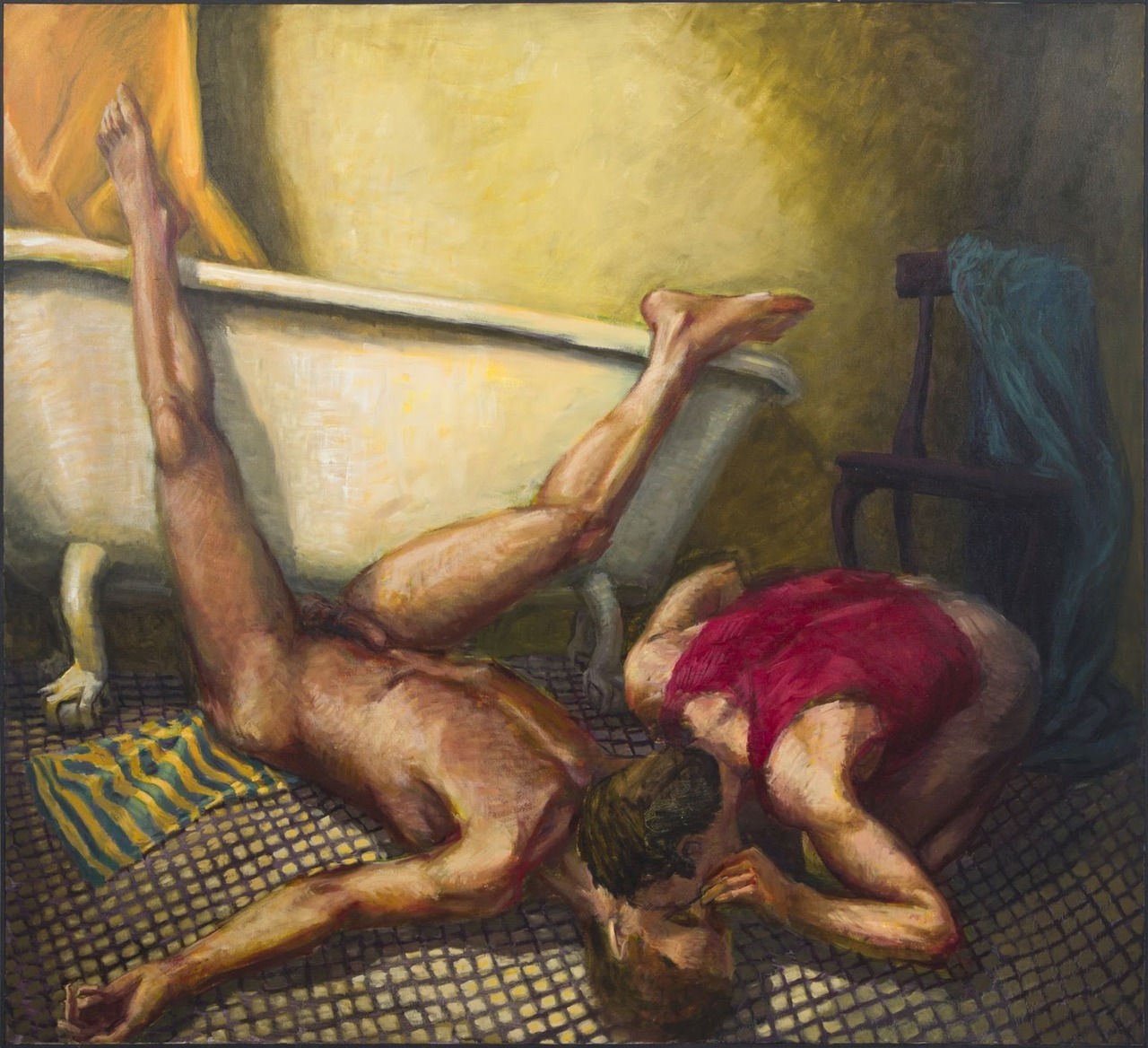 grundoonmgnx:  Hugh Steers (American, 1962-1995), Blue Towel, Red Tank, 1988Oil
