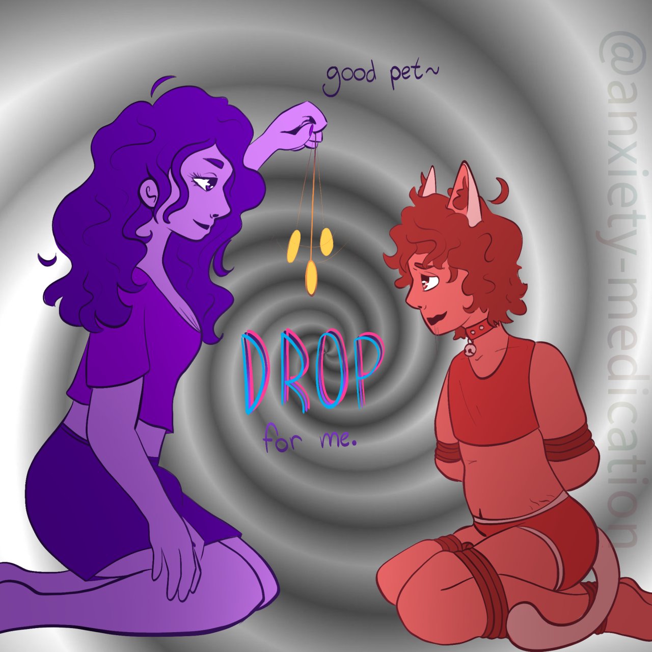 two people in front of a spiral. the woman on the left is purple coded, and the man on the right is red coded. the man is tied up, and the woman is kneeling showing him a pendulum.