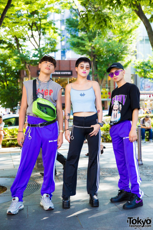 16-year-old Rikiya, 20-year-old Amami, and 16-year-old Argene in Harajuku wearing sporty streetwear 