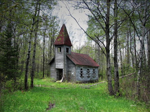 abandonedography:  Abandoned Church in the fall and spring. Set off in the trees at the end of a dirt road, Bloomville, Wisconsin. Jim Sisko 