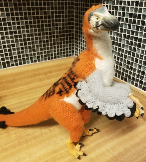 asleepymonster:Velociraptor doll made from sculpy and crocheted parts. It’s coloration is base