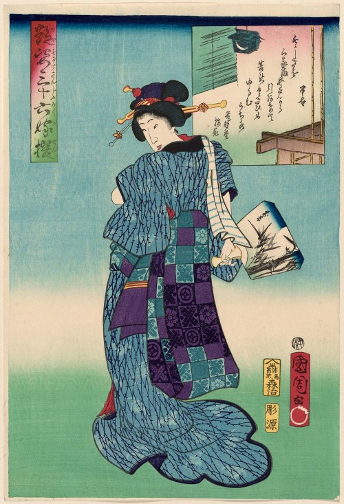 Woman Holding Fan by Toyohara Kunichika and Ryoko, from the series Thirty-six Elegant Selections of 