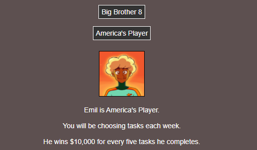 Text: Emil is America's Player. You will be choosing tasks each week. He wins $10,000 for every 5 tasks he completes.