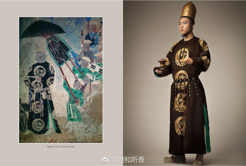 dressesofchina: Recreated Tang-dynasty outfits based on cave paintings / murals from mostly the Moga