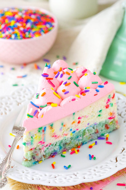 daily-deliciousness:Funfetti cheesecake with cake bottom