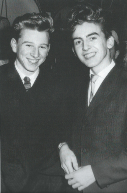 thateventuality:  Scan - Arthur Kelly and George Harrison, aged 16, at Blackler’s Christmas Dance, Grafton Ballroom, Liverpool, December 1959 &ldquo;The finest photograph of these best buddies was taken here, their hair defying all known laws of gravity,