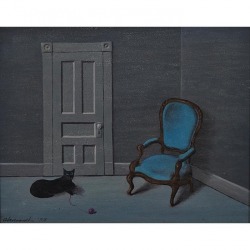 myfairynuffstuff:  Gertrude Abercrombie (1909 - 1977) - Black Cat, Door and Blue Chair. 1958. Oil on masonite.