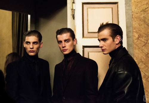 Baptiste Radufe, Janis Ancens and Ben Allen backstage at Les Hommes FW15 