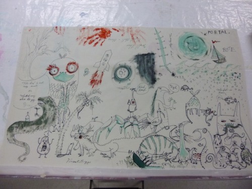 vinceaddams:carpecaseum and I drew a whole lot of crap on a piece of cotton with dye paste.