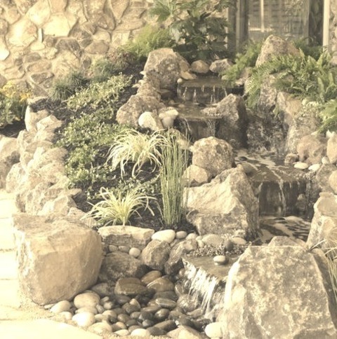 Tropical Landscape Ideas For A Medium-sized Stone Waterfall In A Tropical Setting.