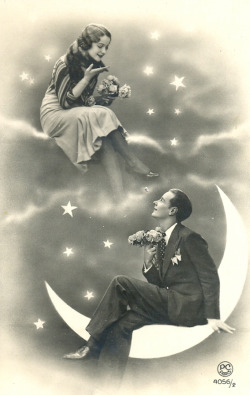 maudelynn:  Lovers’ Moon 1920s paper moon portrait postcard from my collection 