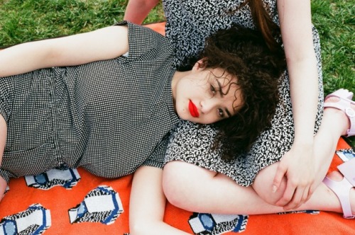 americanapparel:  Diana and Barbara wear NDP Winie Print Rayon Babydoll Dress and NDP Pia Print T-Shirt Romper and NDP Simy Orange Print Throw. May 2014.