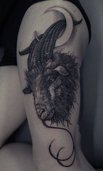 tattoofilter: Illustrative blackwork goat tattoo on the left thigh. Tattoo artist: Grindesign &middo