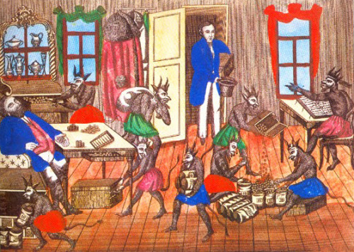 The Lubok, Russian folk illustration showing lenders as small devils, 19th century 