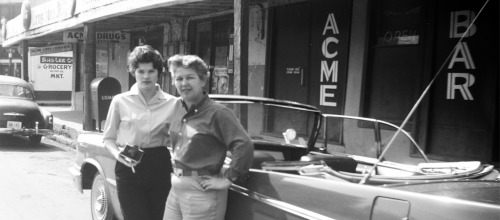 Top: Carolyn Weathers (left) and Dottie Frank (right) outside of the Acme Bar in San Antonio, Texas 