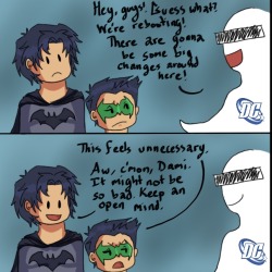 arkhamboundz:  dapandabanda:  Dick’s life sucks… well, you know. Seriously guys it’s like all the DC writers get together and say OK so Dick Grayson let’s fuck up his life real hard ok And they do. Over and over and over again.  I’m crying okay