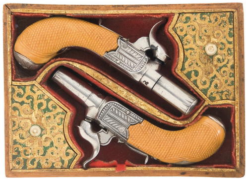 A cased pair of percussion folding trigger muff pistols signed “J. Siddins”, early to mi