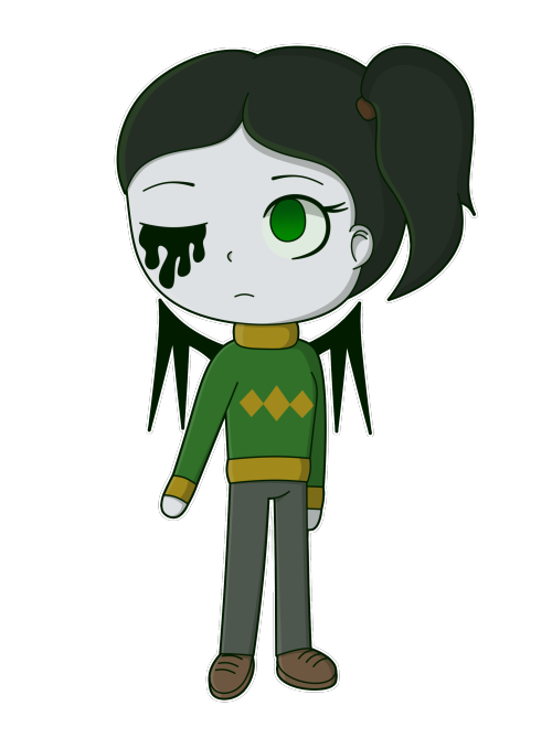 Sheet 7. It depicts a girl with white skin and black hair. The hair is braided into a ponytail on the left side of the head. The left eye is green, the right one is closed and something black is flowing from it. The girl is wearing a green sweater with an orange collar, tail and cuffs, and three orange diamonds on the chest; black trousers and brown boots. Behind her back are black leather wings without membranes.