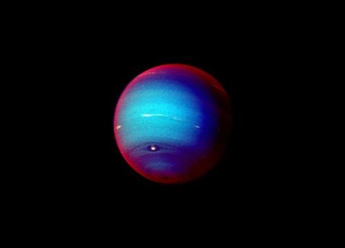 This false color photograph of Neptune was made from Voyager 2 images taken through three filters: b