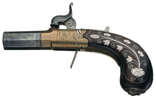 Silver inlaid percussion pocket pistol originating from Liverpool, England,  early to mid 19th 