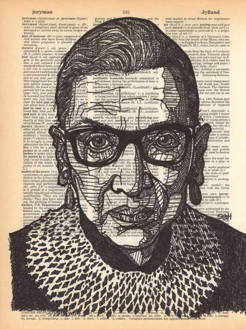 sethdrawsgood:Ruth Bader Ginsberg portrait drawn on an aged dictionary page containing the term “jus