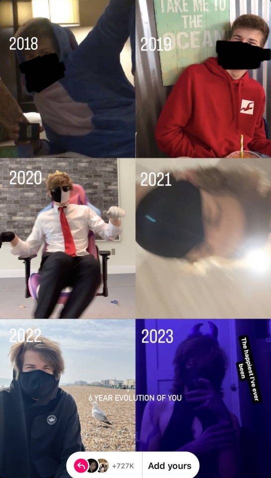 a selection of 6 images of ranboo throughout 6 years arranged in a collage. text at the bottom reads “6 year evolution of you”. the first image is one we’ve never seen, showing 14-15 year old ranboo with the bottom half of their face scribbled out. he’s wearing a blue onesie and leaning back on one arm with the other up in the air. the year 2018 is on the image. the second is another previously unseen image. 15-16 year old ranboo is sitting at a table in front of a window that says “take me to the ocean”, again the bottom half of their face is scribbled out. his hair is cut extremely short, and he’s wearing a red hoodie. the year 2019 is next to him. the 3rd image is 16-17 year old ranboo in 2020, a screenshot from the chair spinning video. 4th image is 17-18 year old ranboo in 2021, a blurry close up selfie without the glasses. 5th image is 18-19 year old ranboo in 2022, sitting on the beach in Brighton next to a seagull. the final image, 19-20 year old ranboo in 2023, is of them in their halloween costume taking a mirror selfie. there’s extra text on this image that reads: “The happiest I’ve ever been”