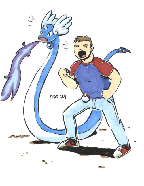 caityhallart:This commission was so much fun to do! Thanks to Dylan for ordering it! Dylan with his dream pokemon Dratini throughout their lives. 