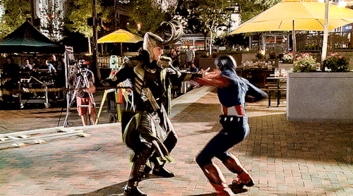 cannonballonfire:Tom Hiddleston and Chris Evans on set of'The Avengers’, (2012). Extras.