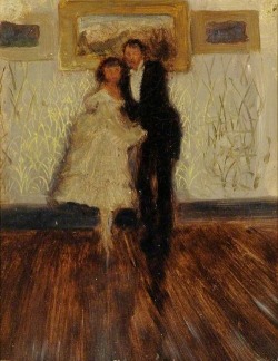 books0977:  The Dancing Lesson. James Abbott McNeill Whistler (American, 1834–1903). Oil on canvas. Museums Sheffield. Whistler emphasized strong silhouettes, elegant contours, and beautiful surface patterns. The placement of the figures in relation